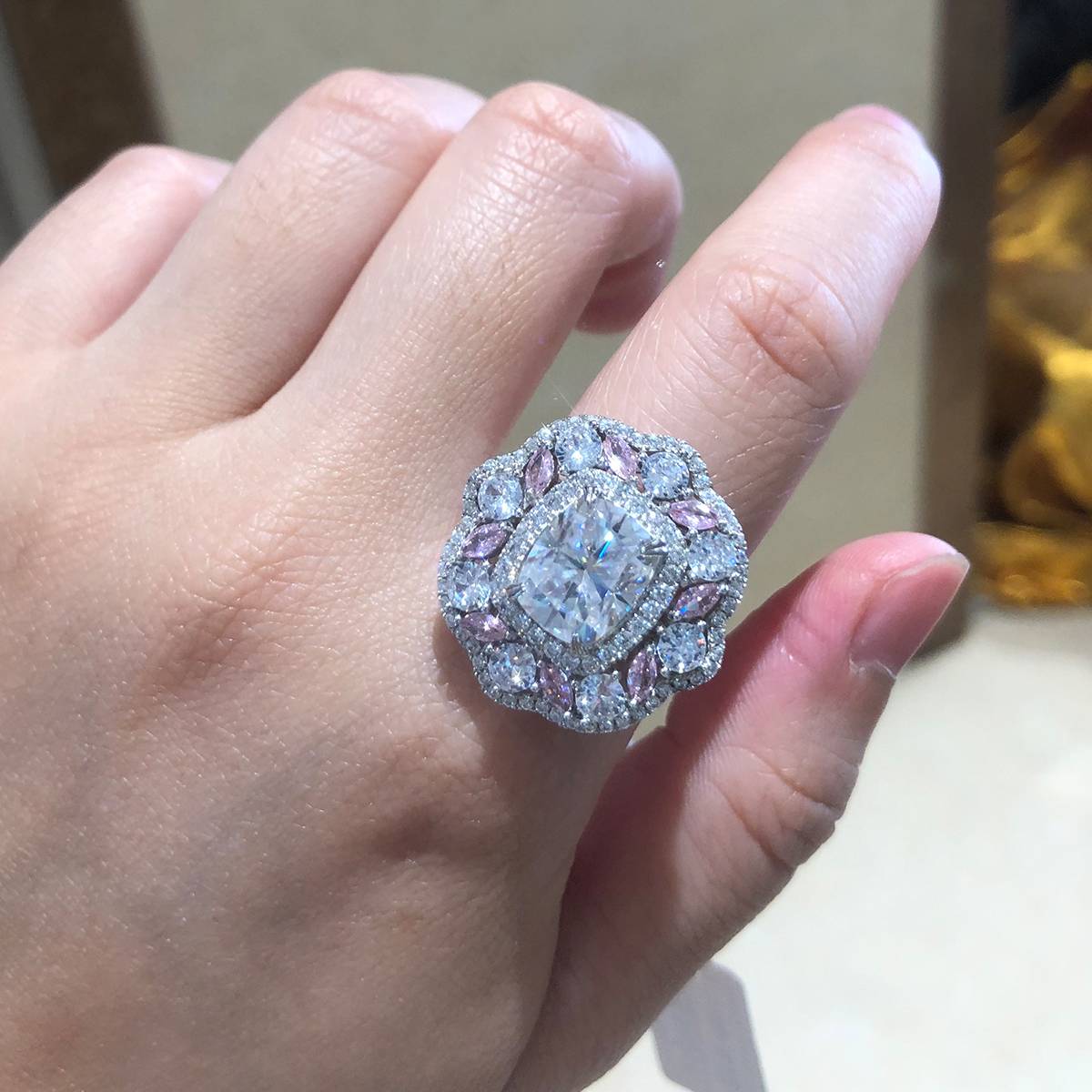 Deluxe Cushion Women's Ring S925 Silver Plated Platinum Customized Selection Moissanite 3.5ct/Side Stone Cubic Zirconia